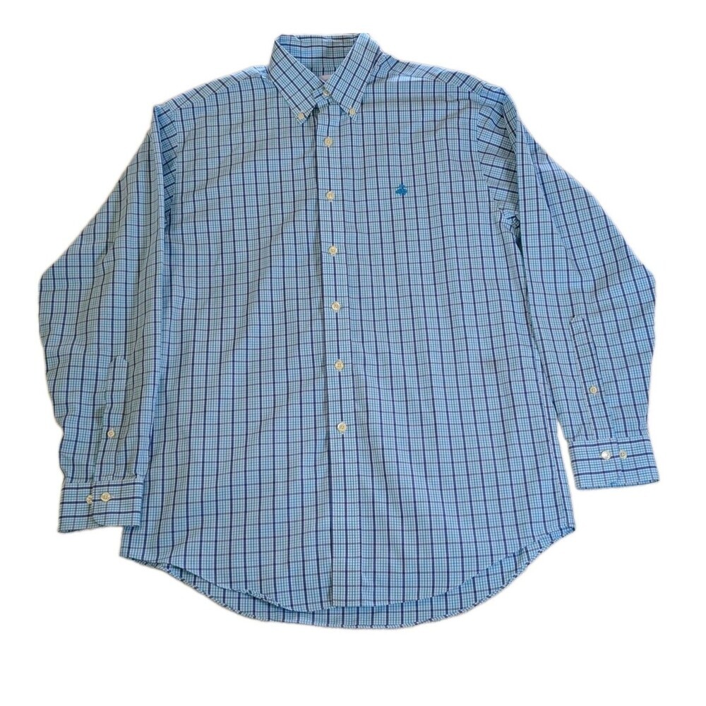Brooks Brothers 346 Shirt Mens Medium Blue Check Long Sleeve Button Down Cotton